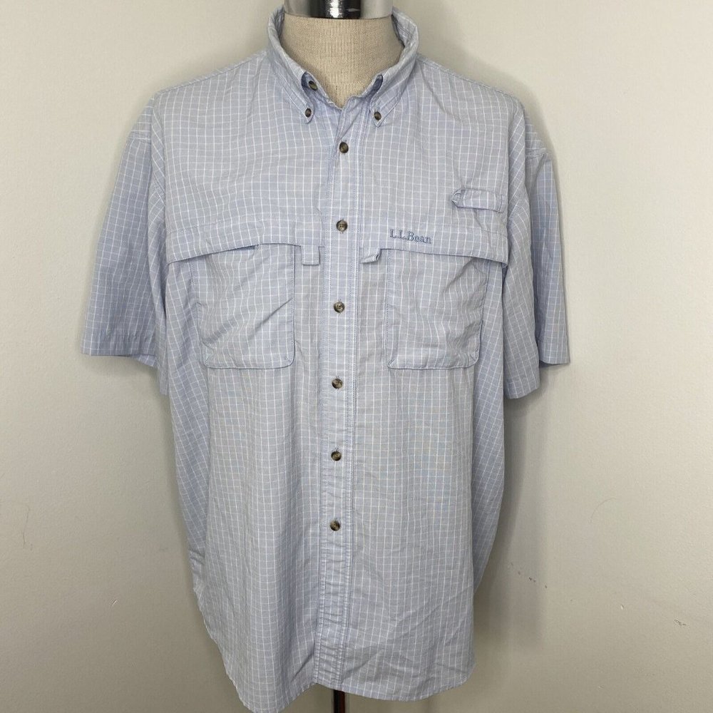 LL Bean Men's Vented Fishing Shirt Sz XL Blue White Plaid Short Sleeve Pockets